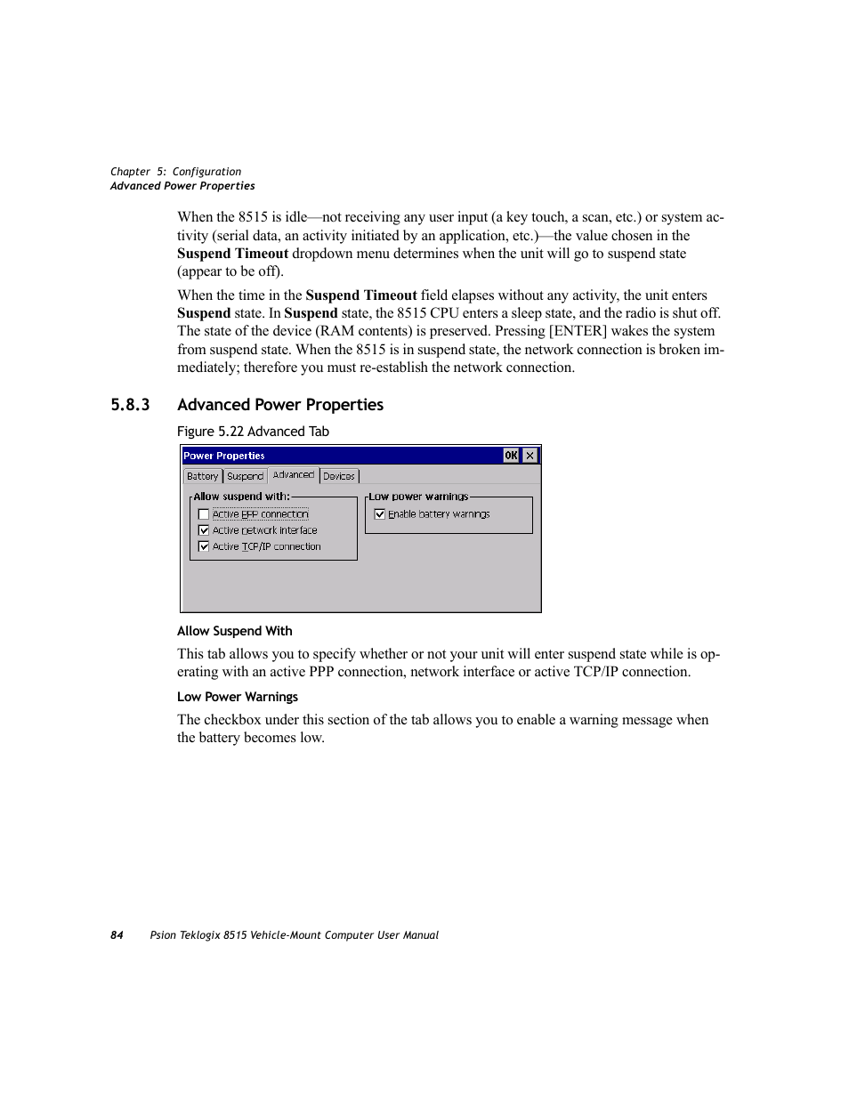 3 advanced power properties, Advanced power properties | Psion Teklogix Vehicle-Mount Computer 8515 User Manual | Page 104 / 188