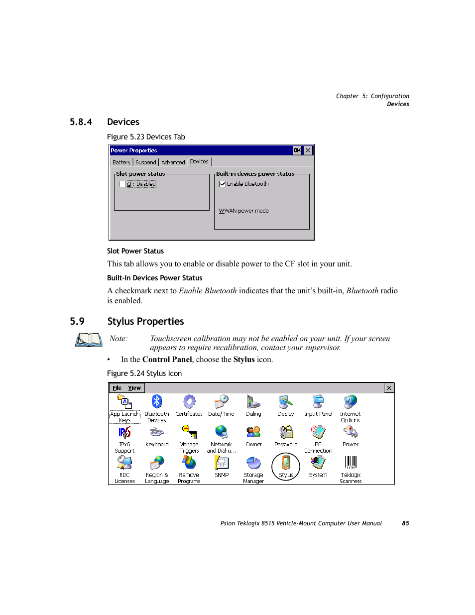 4 devices, 9 stylus properties, Devices | Stylus properties | Psion Teklogix Vehicle-Mount Computer 8515 User Manual | Page 105 / 188