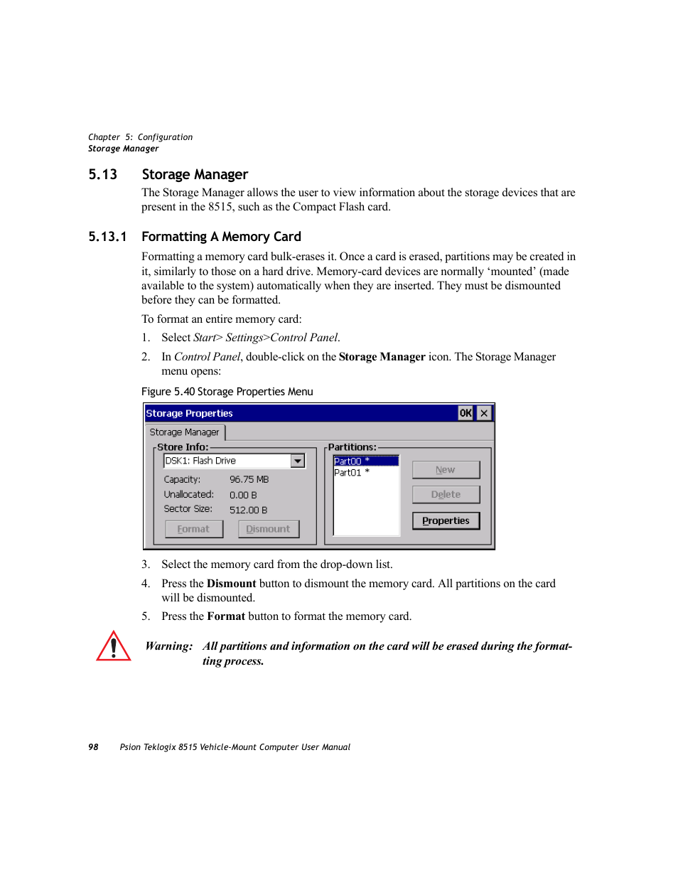 13 storage manager, 1 formatting a memory card | Psion Teklogix Vehicle-Mount Computer 8515 User Manual | Page 118 / 188