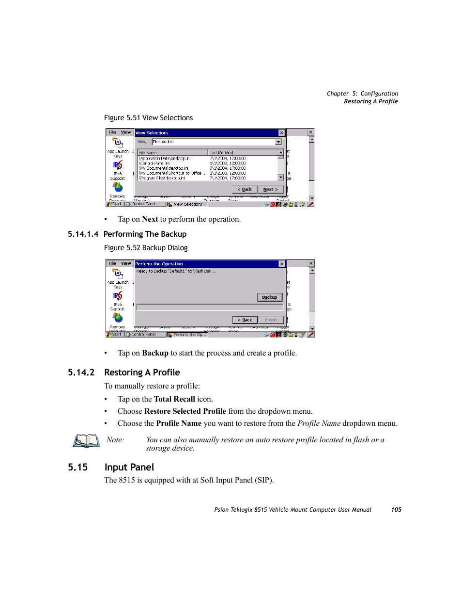 4 performing the backup, 2 restoring a profile, 15 input panel | Psion Teklogix Vehicle-Mount Computer 8515 User Manual | Page 125 / 188