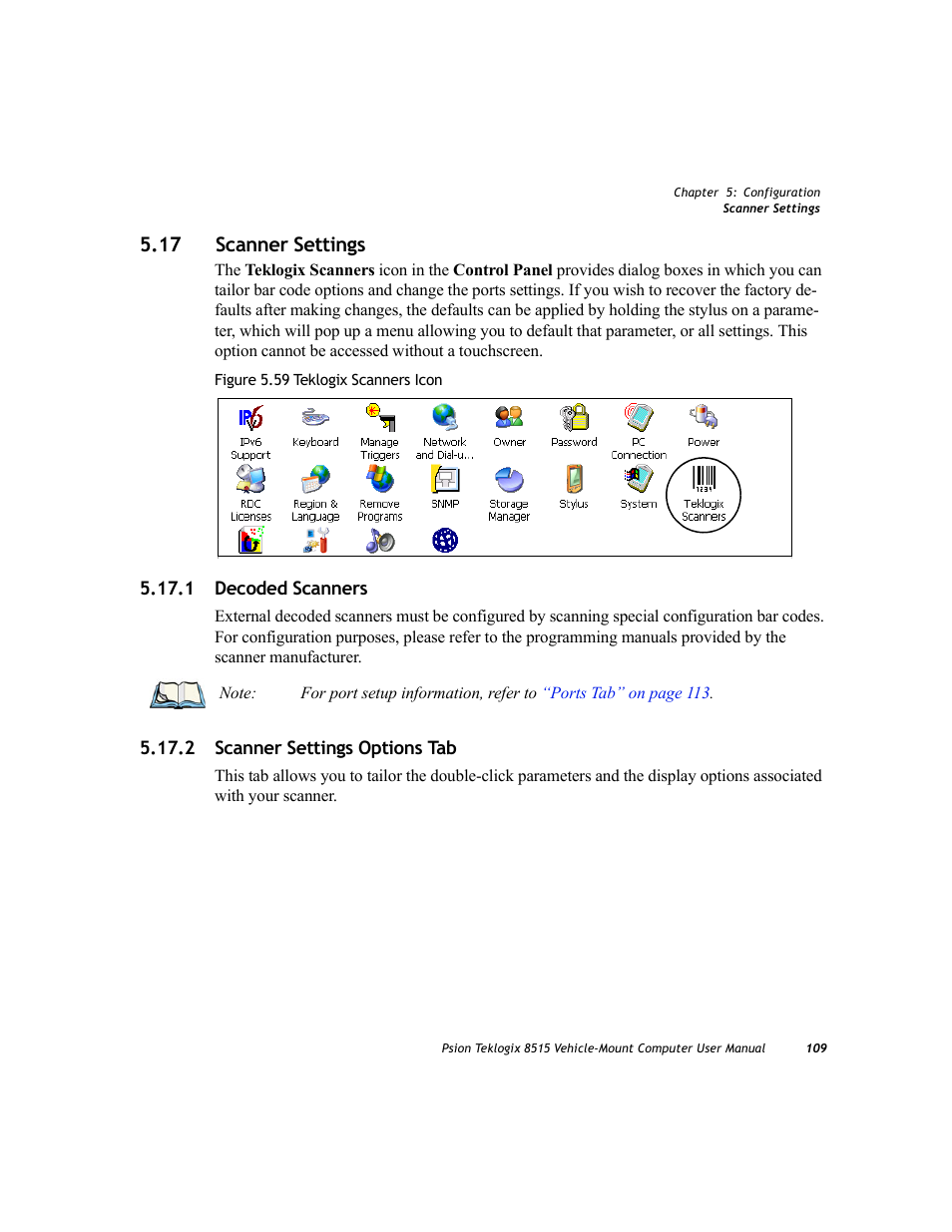 17 scanner settings, 1 decoded scanners, 2 scanner settings options tab | Psion Teklogix Vehicle-Mount Computer 8515 User Manual | Page 129 / 188