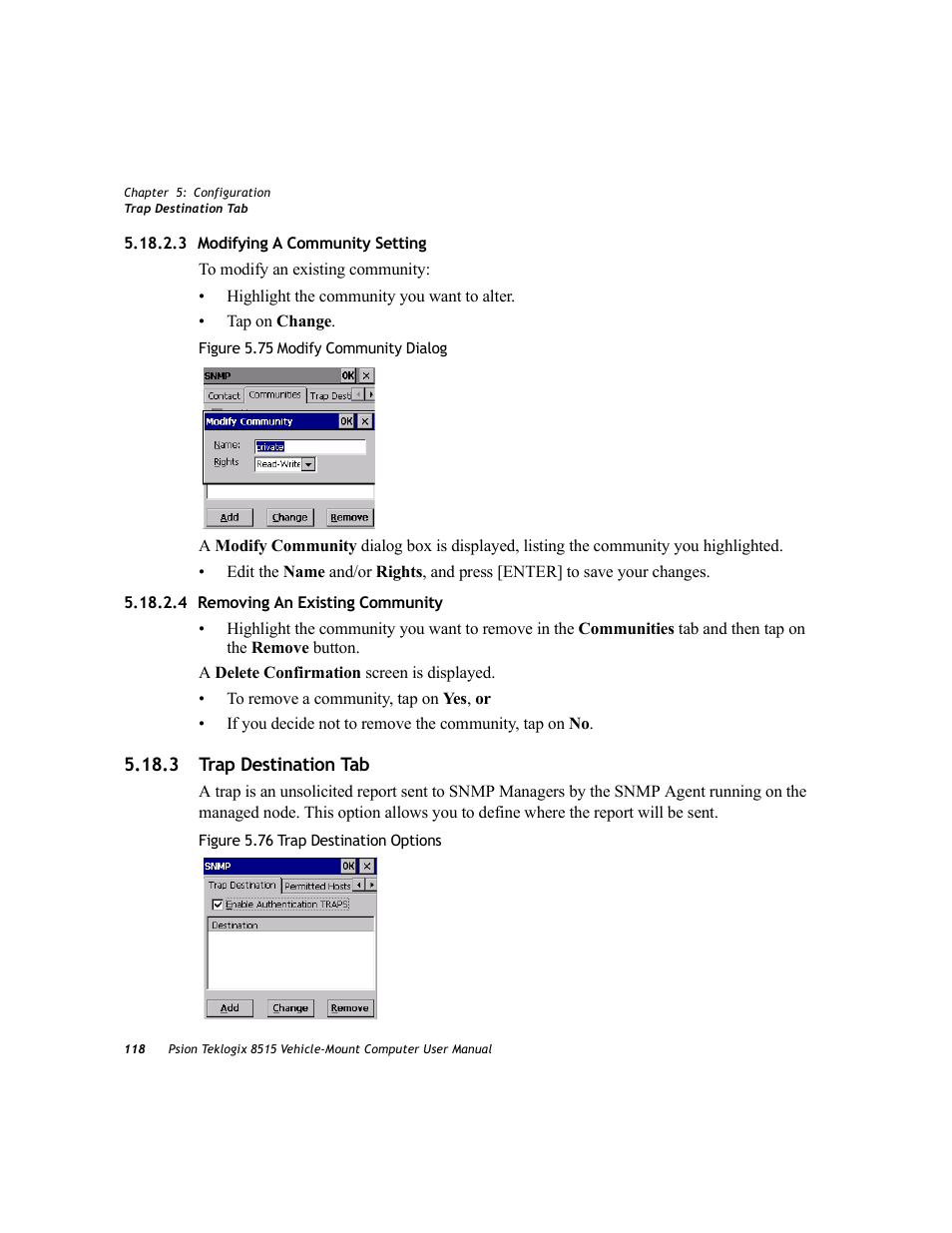 3 modifying a community setting, 4 removing an existing community, 3 trap destination tab | Psion Teklogix Vehicle-Mount Computer 8515 User Manual | Page 138 / 188