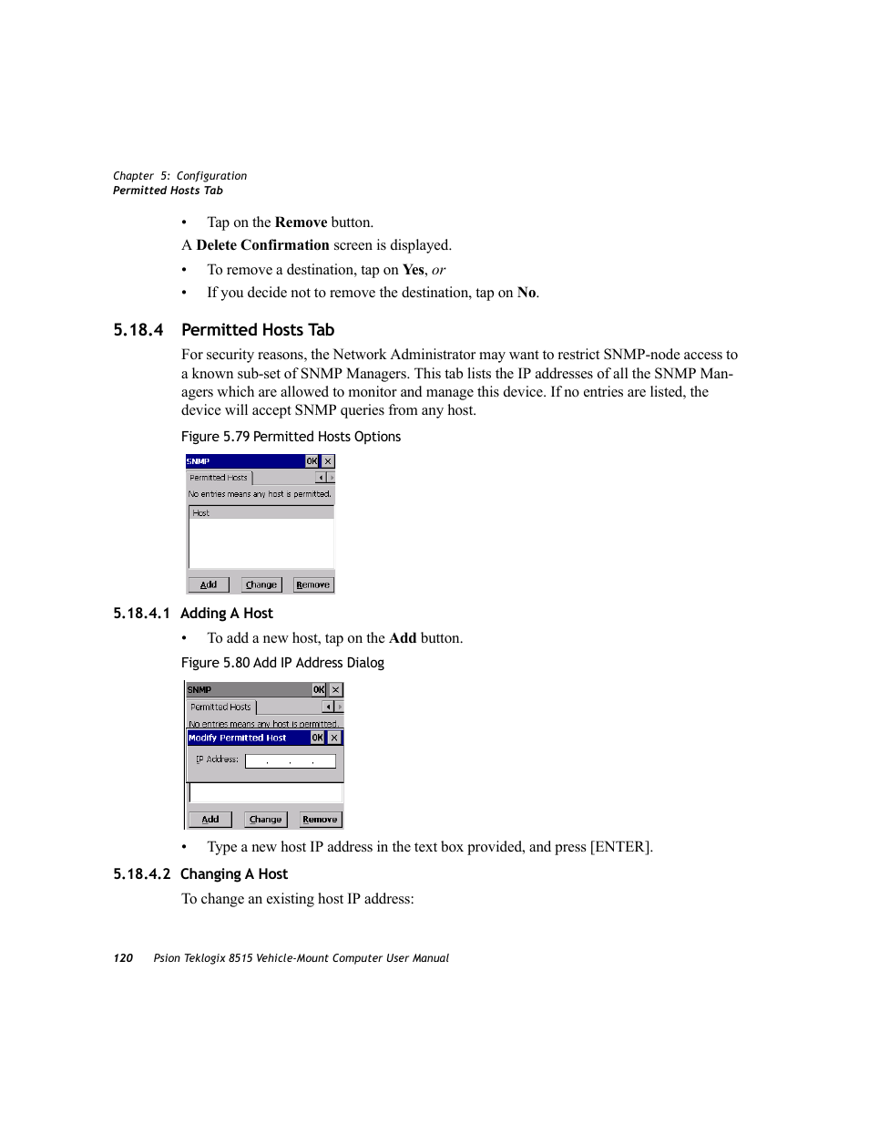 4 permitted hosts tab, 1 adding a host, 2 changing a host | Changing a host, 1 adding a host 5.18.4.2 changing a host | Psion Teklogix Vehicle-Mount Computer 8515 User Manual | Page 140 / 188