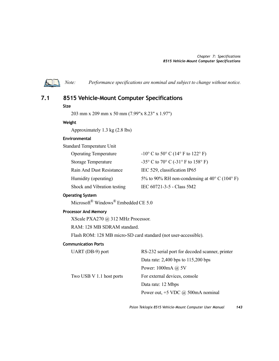 1 8515 vehicle-mount computer specifications, 8515 vehicle-mount computer specifications | Psion Teklogix Vehicle-Mount Computer 8515 User Manual | Page 163 / 188