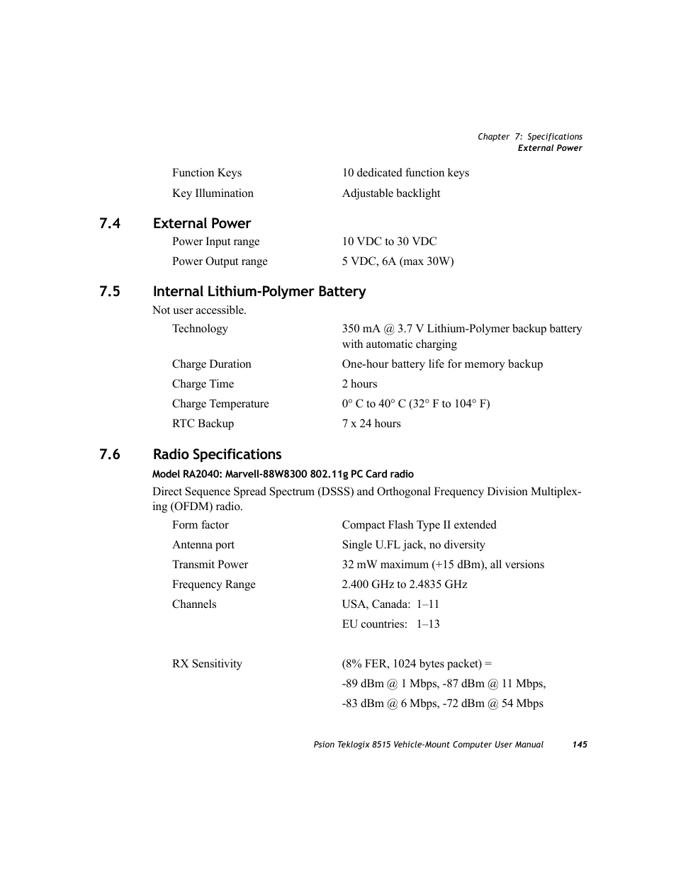 4 external power, 5 internal lithium-polymer battery, 6 radio specifications | External power, Internal lithium-polymer battery, Radio specifications | Psion Teklogix Vehicle-Mount Computer 8515 User Manual | Page 165 / 188