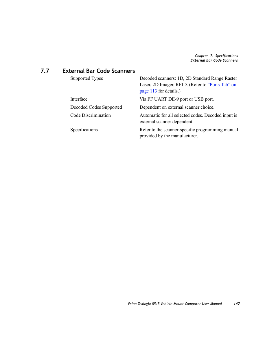 7 external bar code scanners, External bar code scanners | Psion Teklogix Vehicle-Mount Computer 8515 User Manual | Page 167 / 188