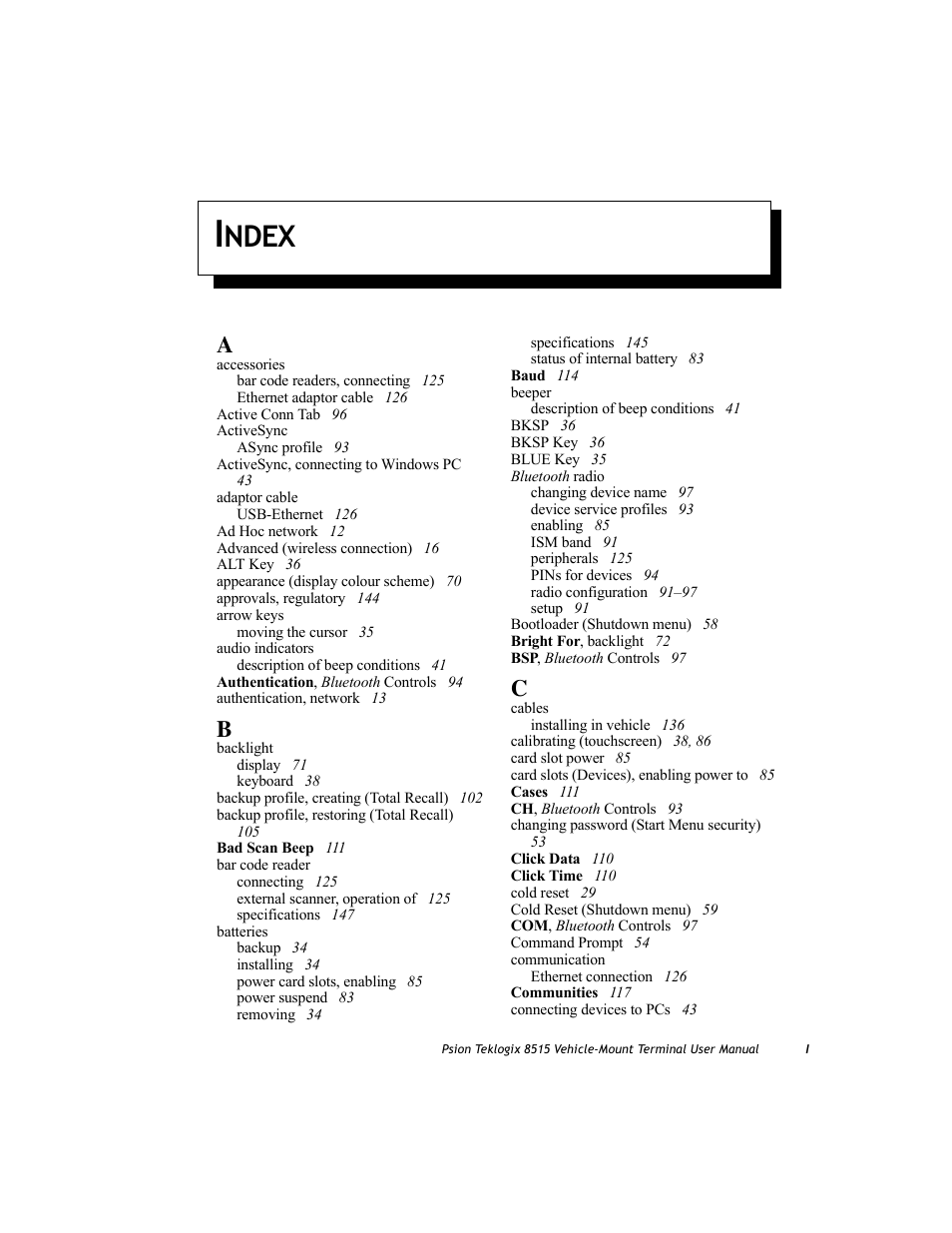 Index, Ndex | Psion Teklogix Vehicle-Mount Computer 8515 User Manual | Page 181 / 188
