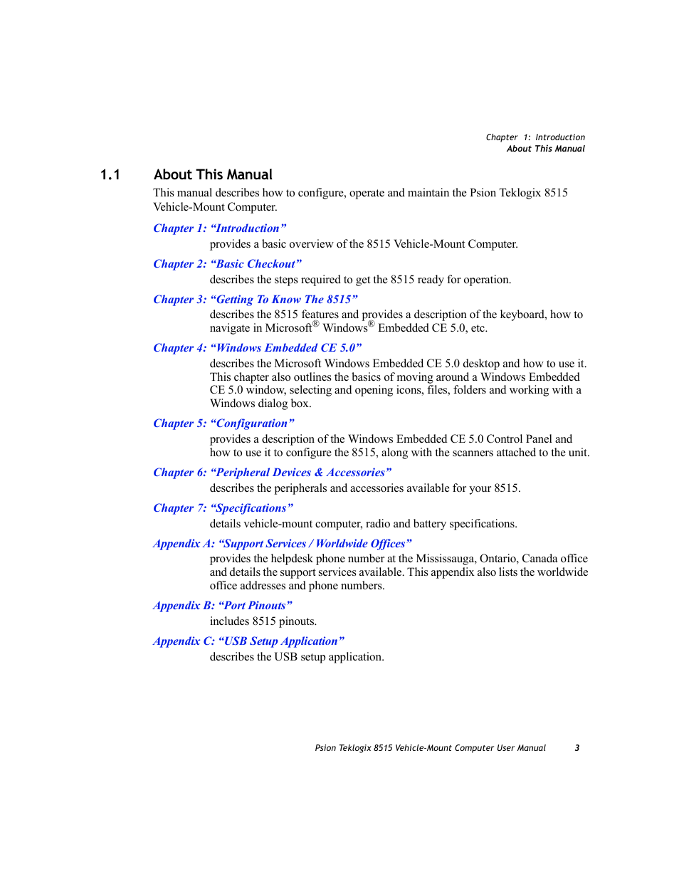 About this manual, 1 about this manual | Psion Teklogix Vehicle-Mount Computer 8515 User Manual | Page 23 / 188