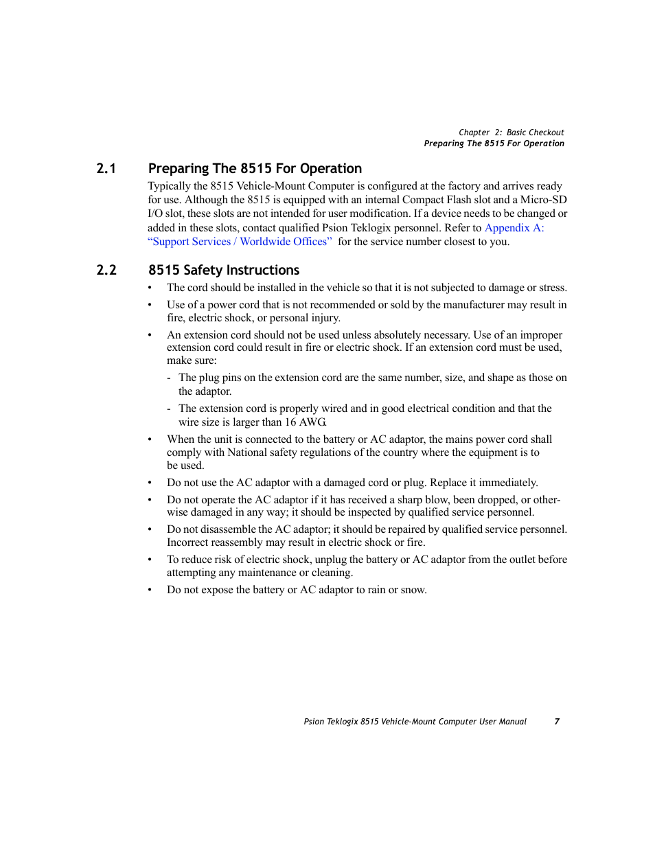 2 8515 safety instructions, Preparing the 8515 for operation, 8515 safety instructions | Psion Teklogix Vehicle-Mount Computer 8515 User Manual | Page 27 / 188