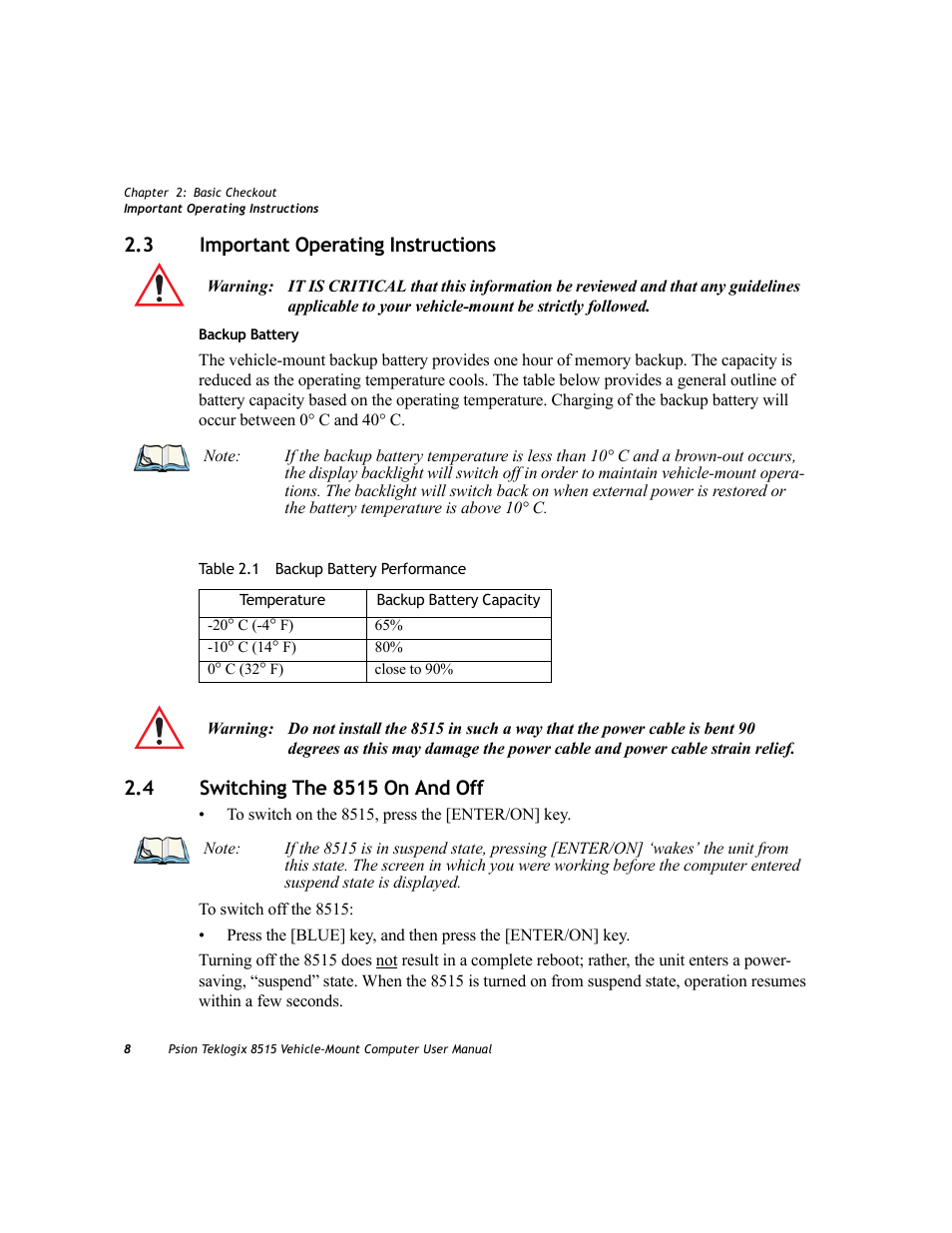 3 important operating instructions, 4 switching the 8515 on and off, Important operating instructions | Switching the 8515 on and off | Psion Teklogix Vehicle-Mount Computer 8515 User Manual | Page 28 / 188