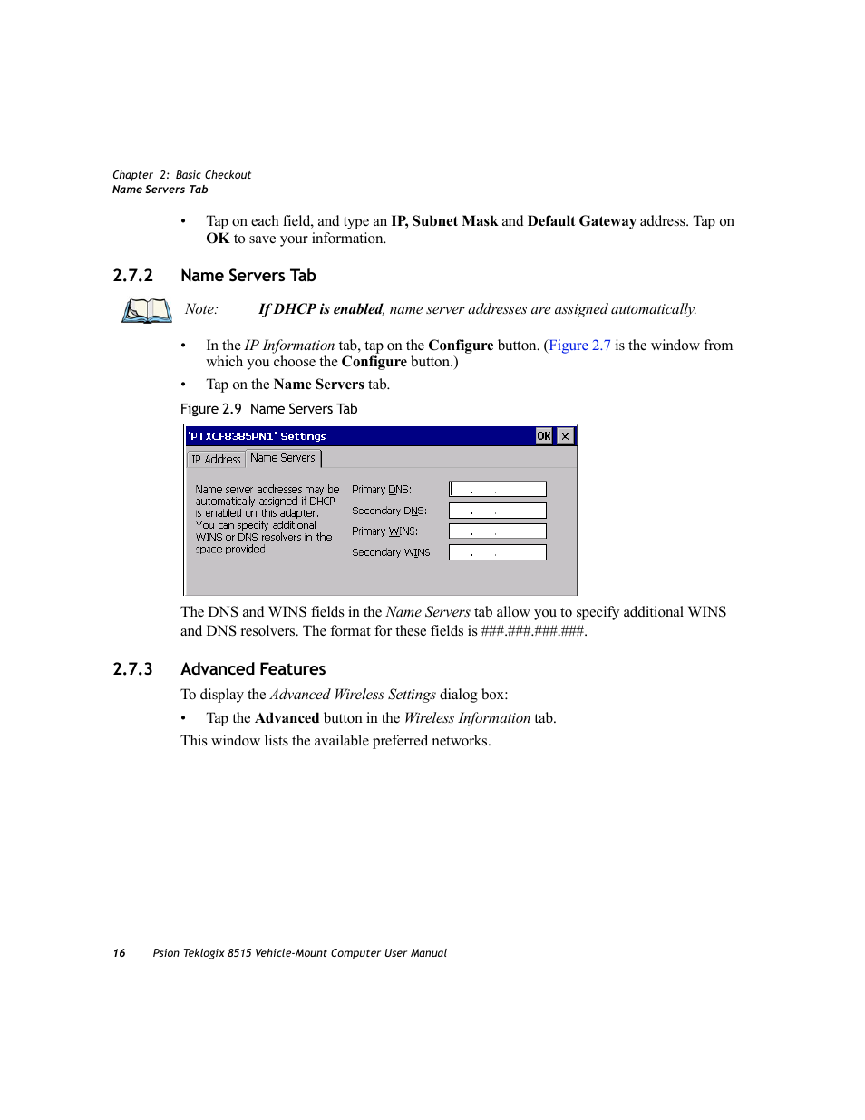 2 name servers tab, 3 advanced features, Name servers tab | Advanced features, 2 name servers tab 2.7.3 advanced features | Psion Teklogix Vehicle-Mount Computer 8515 User Manual | Page 36 / 188