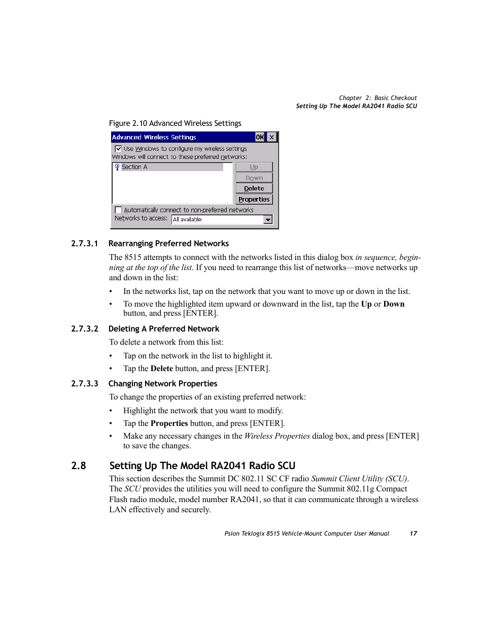 1 rearranging preferred networks, 2 deleting a preferred network, 3 changing network properties | 8 setting up the model ra2041 radio scu, Rearranging preferred networks, Deleting a preferred network, Changing network properties, Setting up the model ra2041 radio scu | Psion Teklogix Vehicle-Mount Computer 8515 User Manual | Page 37 / 188