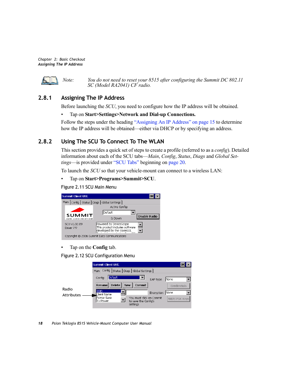 1 assigning the ip address, 2 using the scu to connect to the wlan, Assigning the ip address | Using the scu to connect to the wlan | Psion Teklogix Vehicle-Mount Computer 8515 User Manual | Page 38 / 188