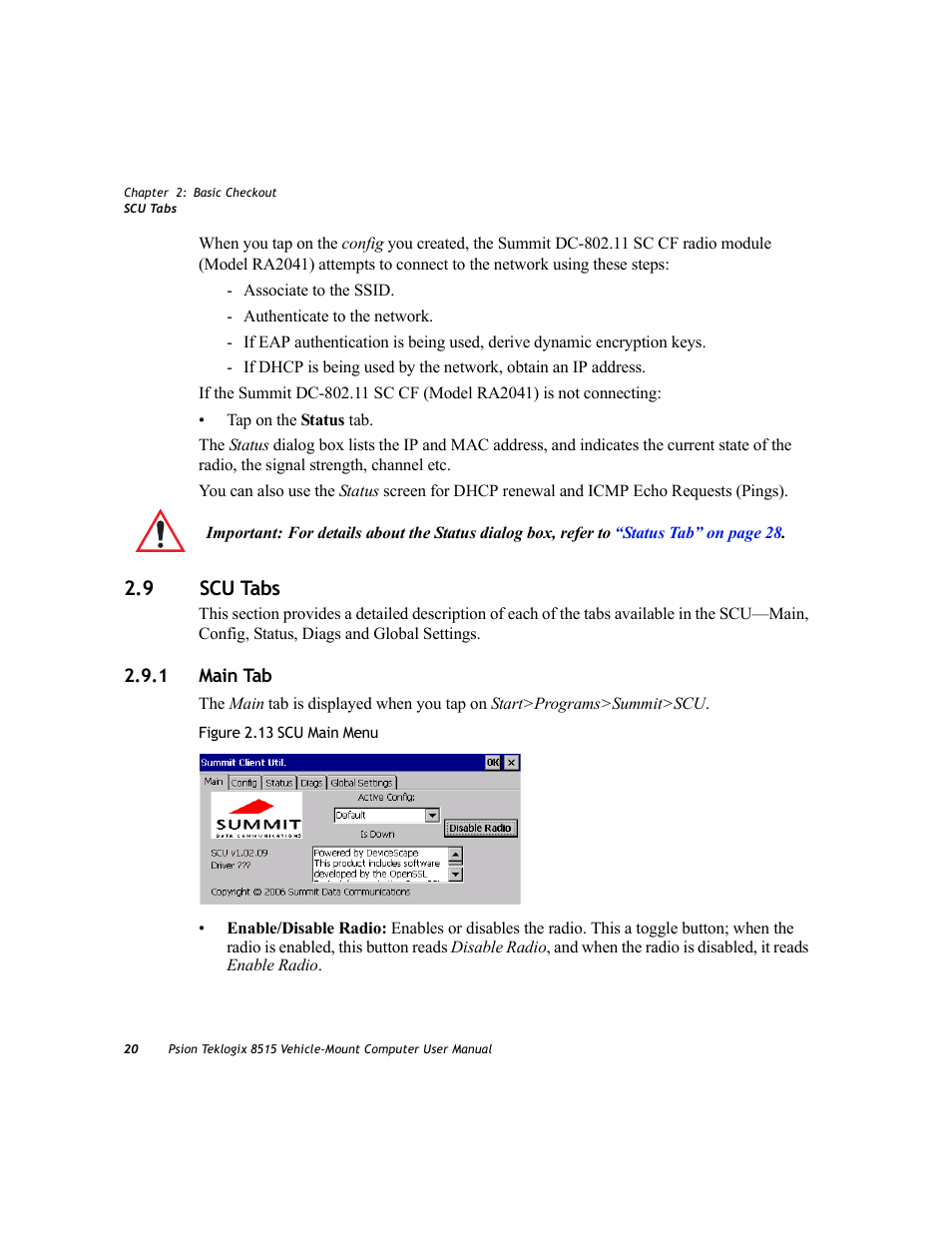 9 scu tabs, 1 main tab, Scu tabs 2.9.1 | Main tab, Scu tabs | Psion Teklogix Vehicle-Mount Computer 8515 User Manual | Page 40 / 188