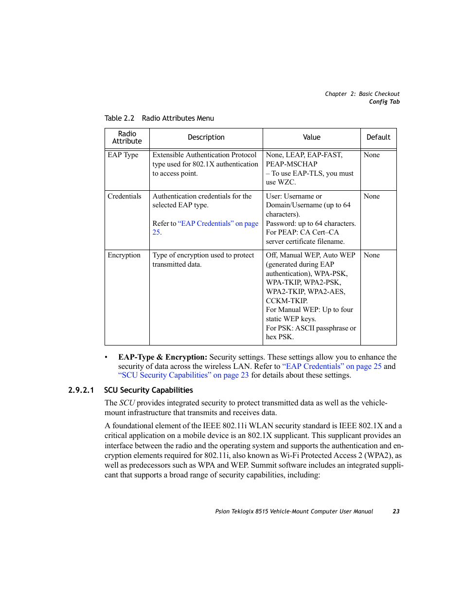 1 scu security capabilities, Scu security capabilities | Psion Teklogix Vehicle-Mount Computer 8515 User Manual | Page 43 / 188