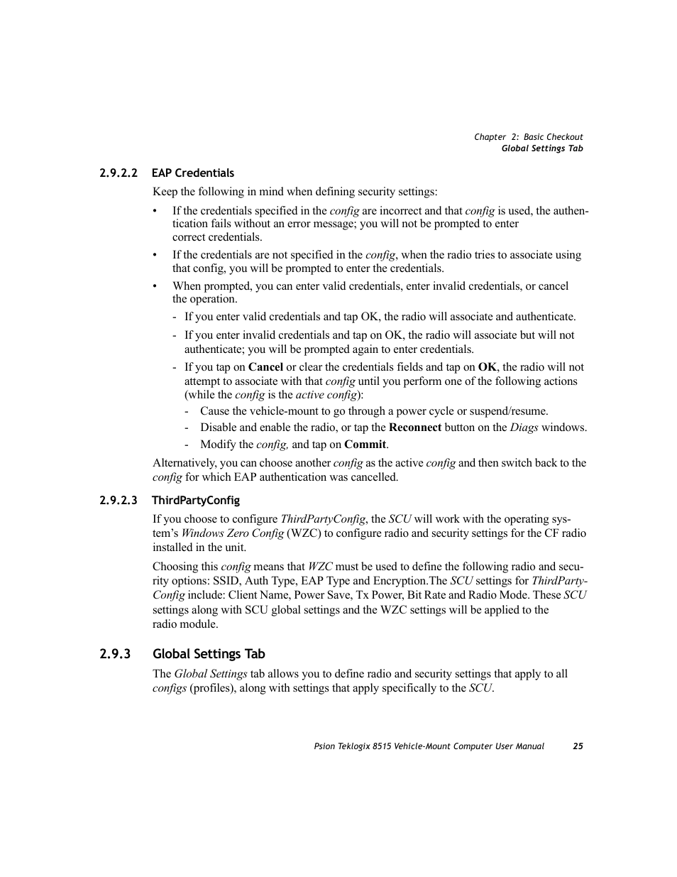 2 eap credentials, 3 thirdpartyconfig, 3 global settings tab | Eap credentials, Thirdpartyconfig, Global settings tab, 2 eap credentials 2.9.2.3 thirdpartyconfig, Eap credentials” on | Psion Teklogix Vehicle-Mount Computer 8515 User Manual | Page 45 / 188