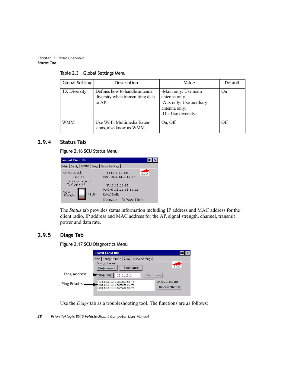 4 status tab, 5 diags tab, Status tab | Diags tab, 4 status tab 2.9.5 diags tab | Psion Teklogix Vehicle-Mount Computer 8515 User Manual | Page 48 / 188