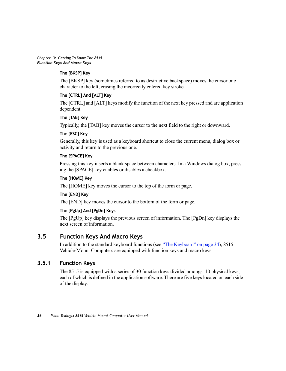 5 function keys and macro keys, 1 function keys, Function keys and macro keys 3.5.1 | Function keys | Psion Teklogix Vehicle-Mount Computer 8515 User Manual | Page 56 / 188