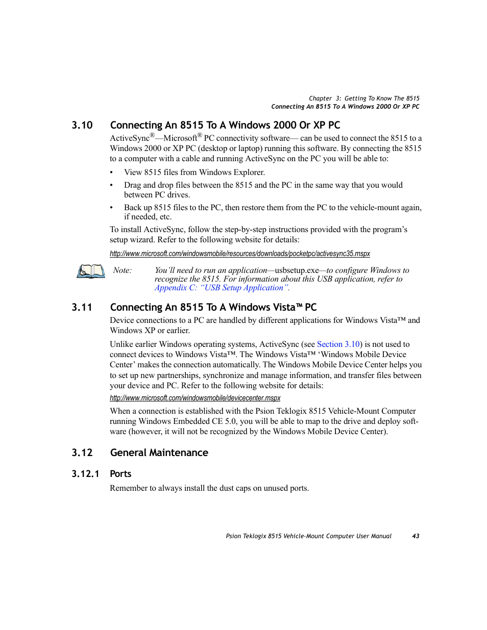 10 connecting an 8515 to a windows 2000 or xp pc, 11 connecting an 8515 to a windows vista™ pc, 12 general maintenance | 1 ports | Psion Teklogix Vehicle-Mount Computer 8515 User Manual | Page 63 / 188