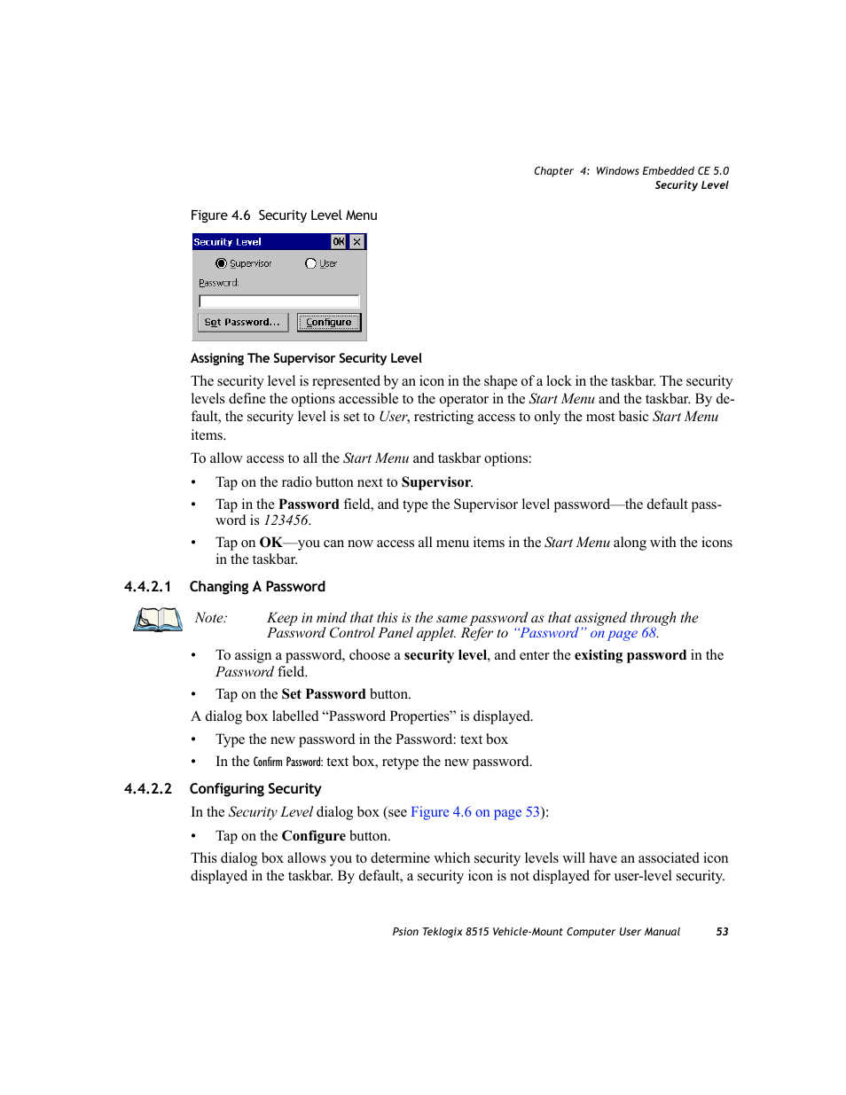 1 changing a password, 2 configuring security, Changing a password | Configuring security, 1 changing a password 4.4.2.2 configuring security | Psion Teklogix Vehicle-Mount Computer 8515 User Manual | Page 73 / 188