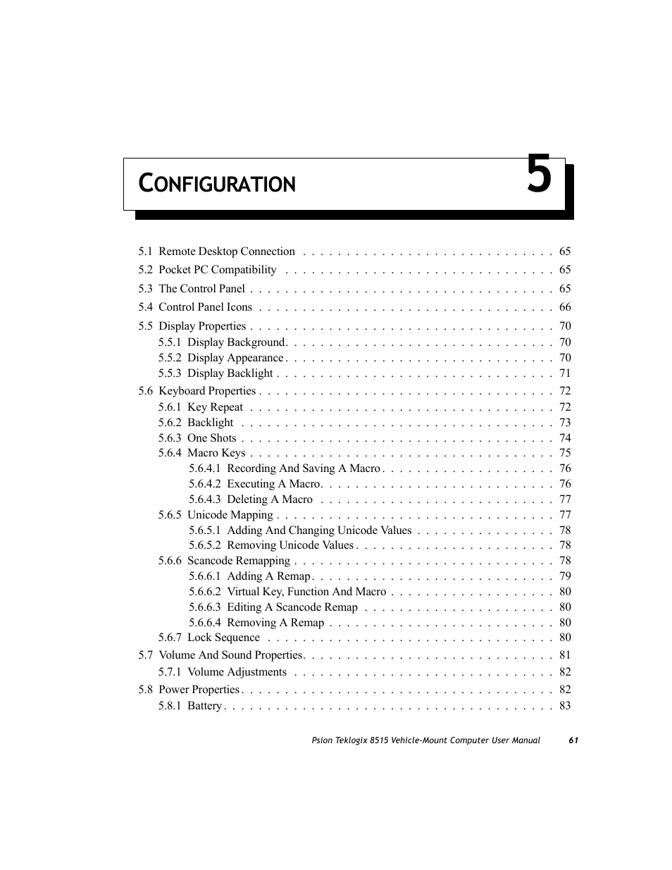 Configuration 5, Chapter 5: configuration, Chapter 5: “configuration | Onfiguration | Psion Teklogix Vehicle-Mount Computer 8515 User Manual | Page 81 / 188