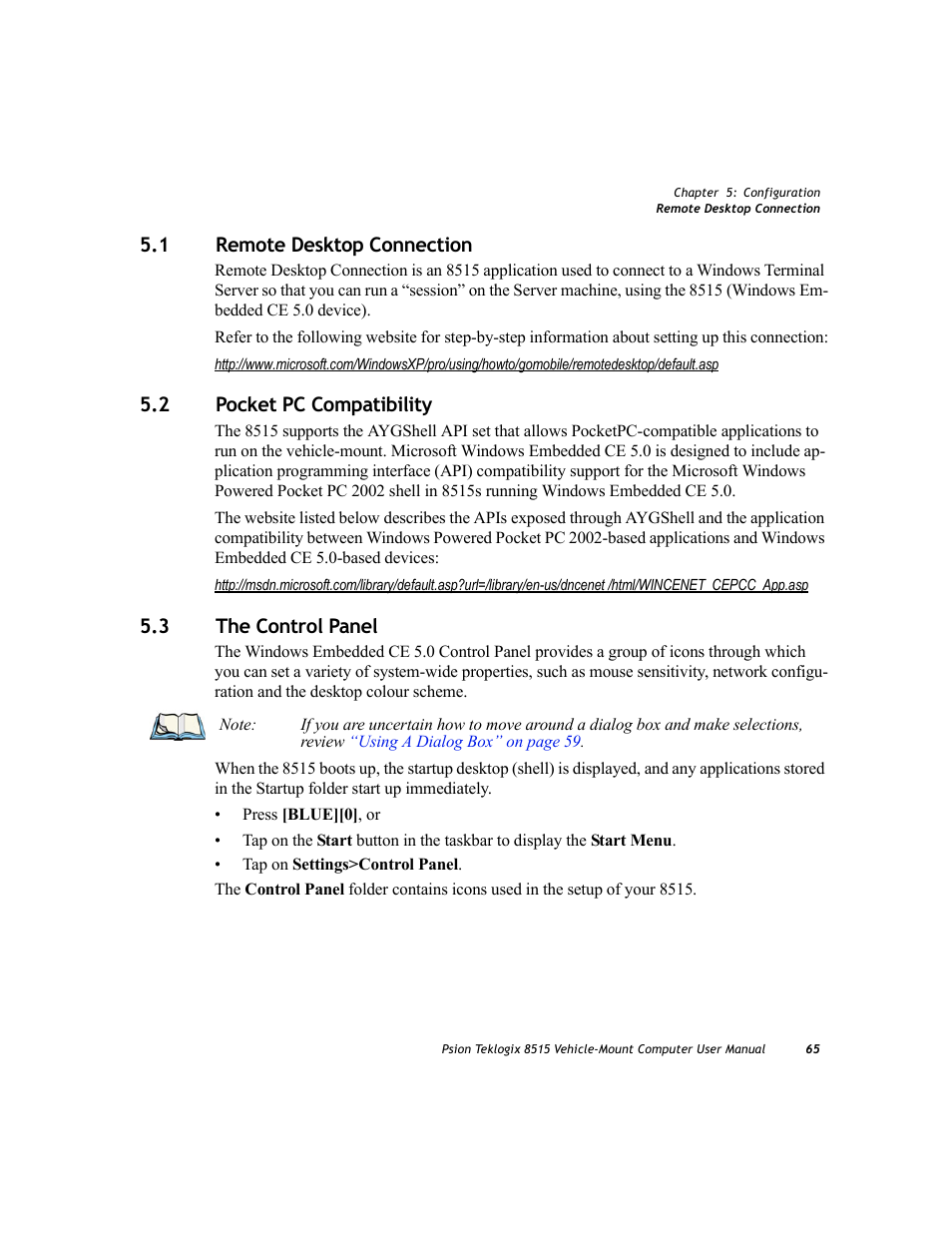 2 pocket pc compatibility, 3 the control panel, Remote desktop connection | Pocket pc compatibility, The control panel, Remote desktop | Psion Teklogix Vehicle-Mount Computer 8515 User Manual | Page 85 / 188