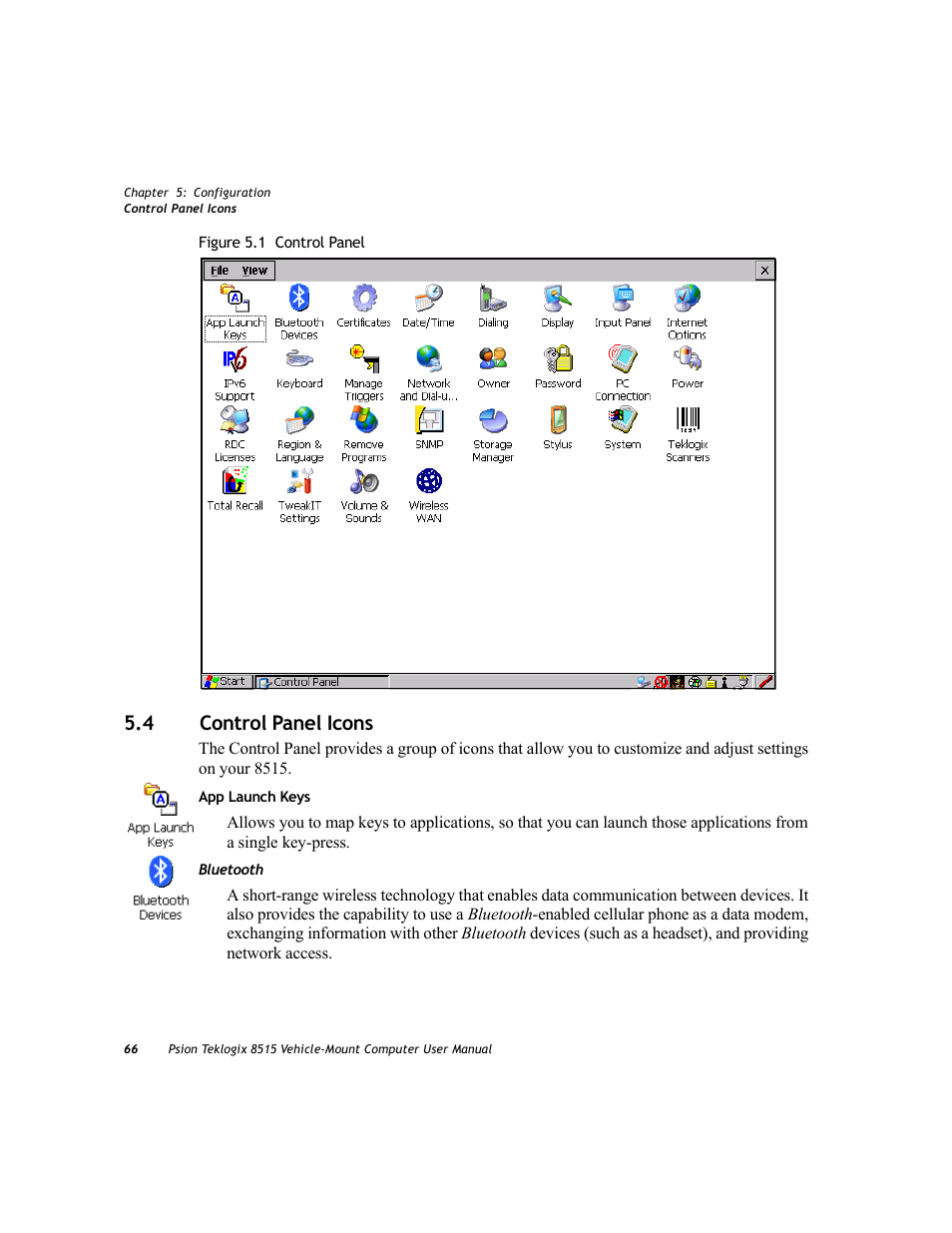 4 control panel icons, Control panel icons | Psion Teklogix Vehicle-Mount Computer 8515 User Manual | Page 86 / 188