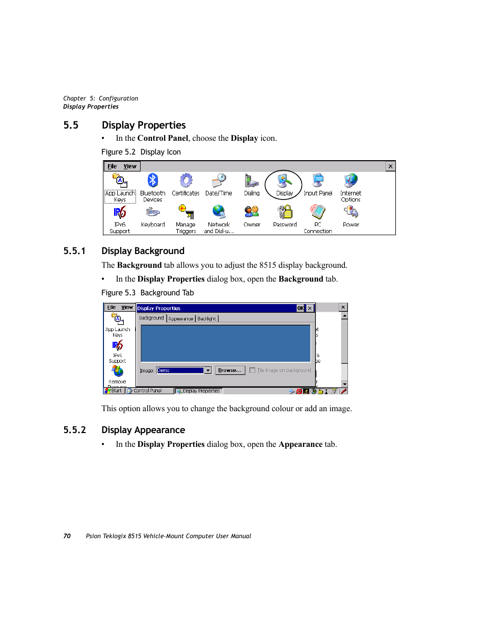 5 display properties, 1 display background, 2 display appearance | Display properties 5.5.1, Display background, Display appearance, 1 display background 5.5.2 display appearance | Psion Teklogix Vehicle-Mount Computer 8515 User Manual | Page 90 / 188