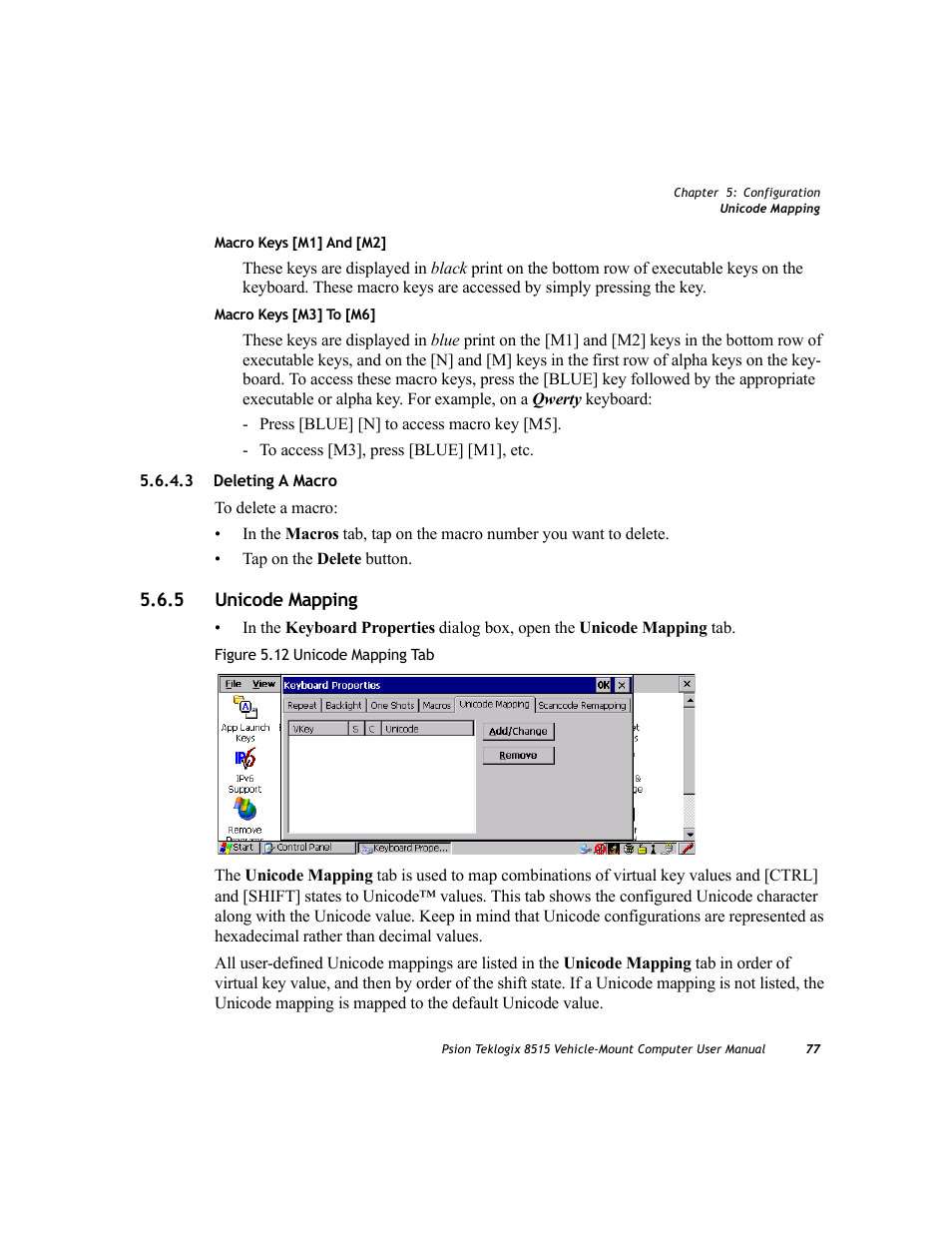 3 deleting a macro, 5 unicode mapping, Deleting a macro | Unicode mapping | Psion Teklogix Vehicle-Mount Computer 8515 User Manual | Page 97 / 188