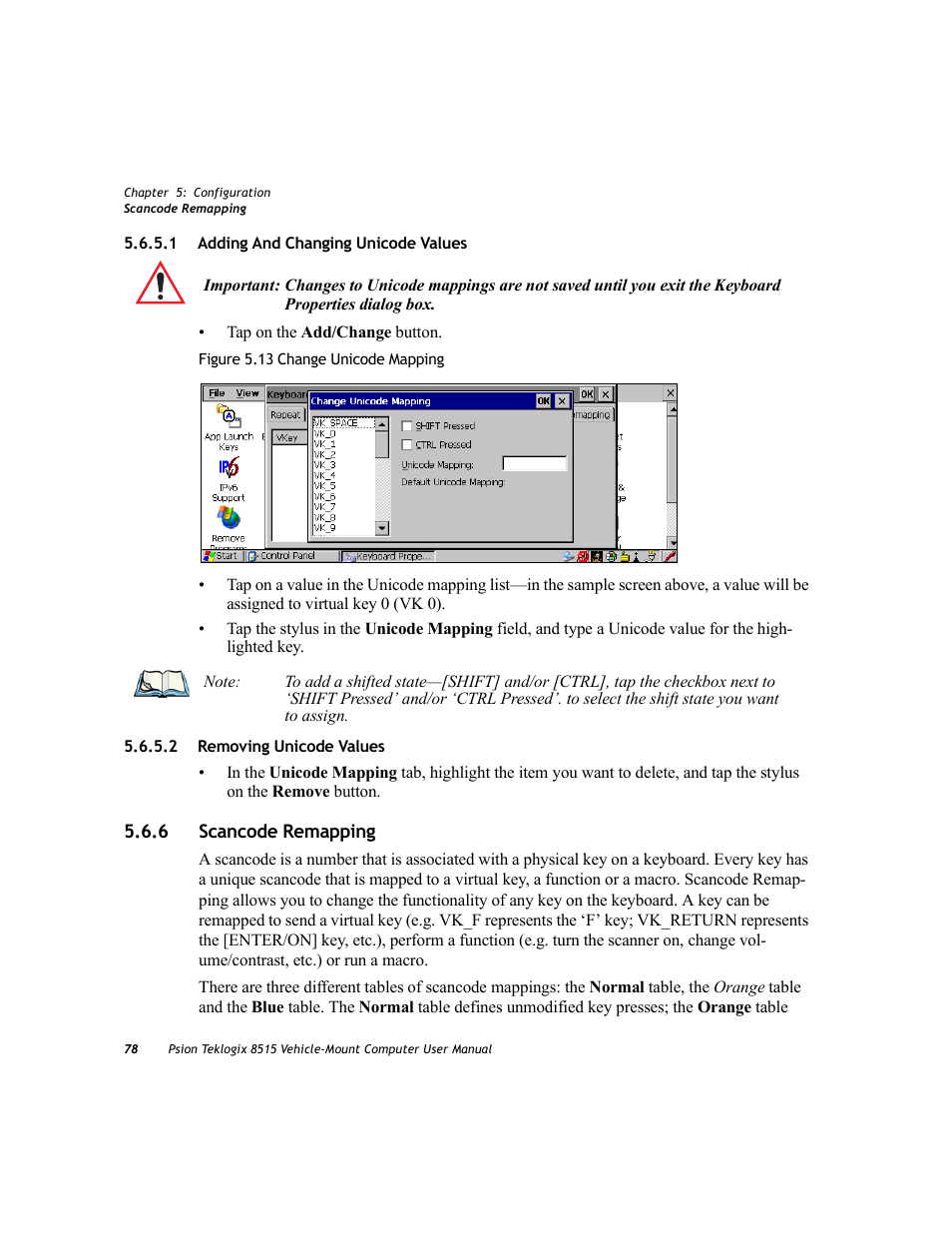 1 adding and changing unicode values, 2 removing unicode values, 6 scancode remapping | Adding and changing unicode values, Removing unicode values, Scancode remapping | Psion Teklogix Vehicle-Mount Computer 8515 User Manual | Page 98 / 188