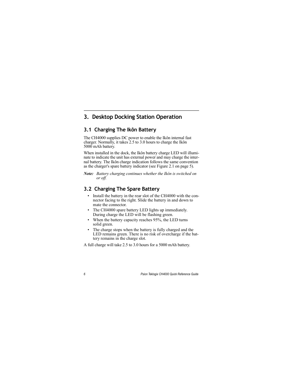 Desktop docking station operation, 1 charging the ikôn battery, 2 charging the spare battery | Charging | Psion Teklogix IKON CH4000 User Manual | Page 12 / 20