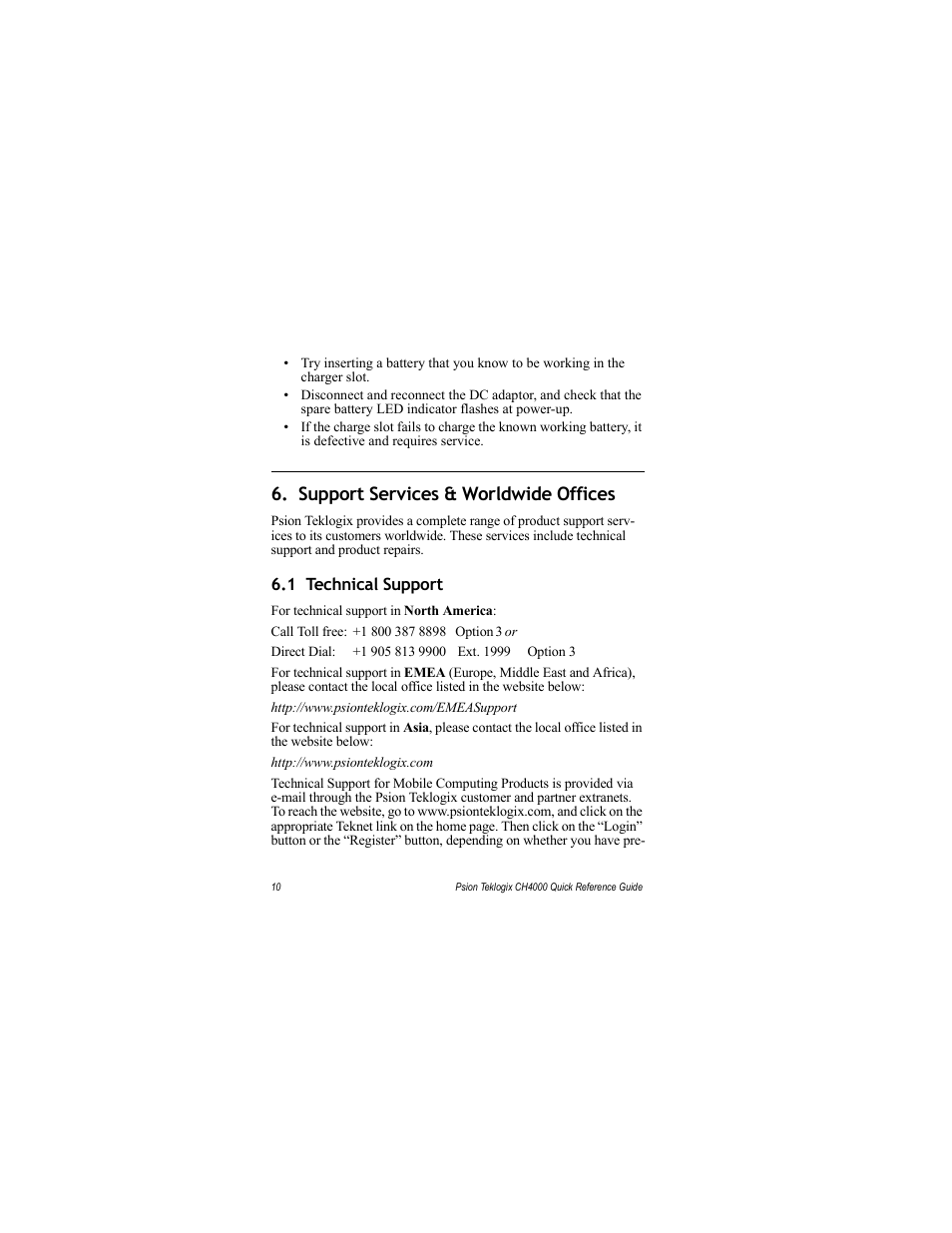 Support services & worldwide offices, 1 technical support | Psion Teklogix IKON CH4000 User Manual | Page 16 / 20
