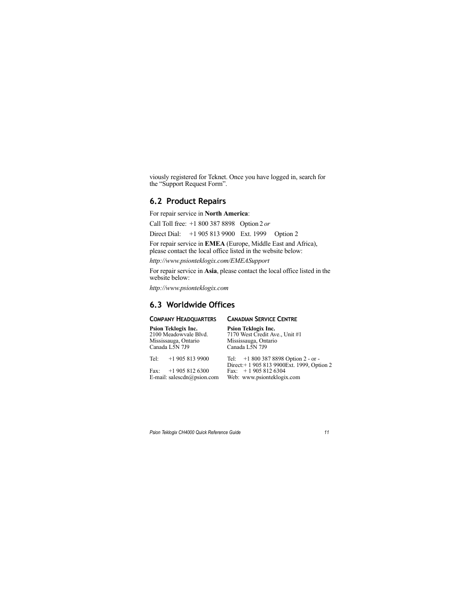 2 product repairs, 3 worldwide offices, 2 product repairs 6.3 worldwide offices | Psion Teklogix IKON CH4000 User Manual | Page 17 / 20