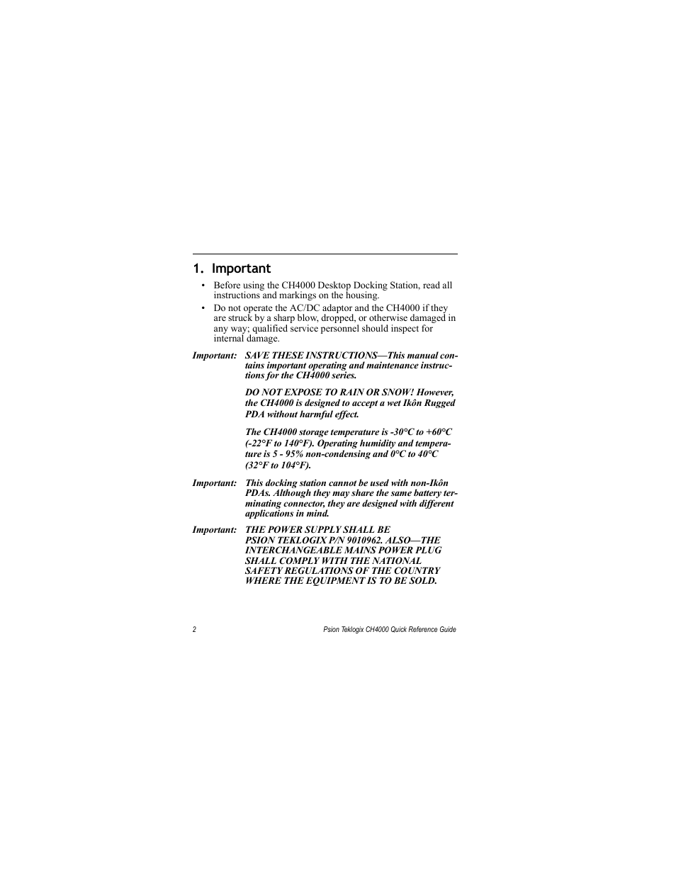 Important | Psion Teklogix IKON CH4000 User Manual | Page 8 / 20