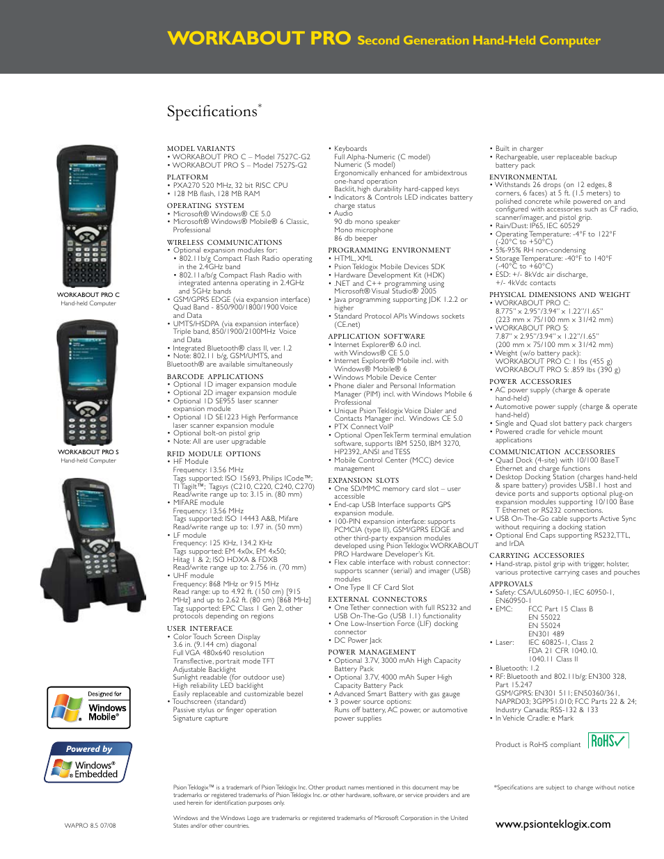 Workabout pro, Specifications, Second generation hand-held computer | Psion Teklogix WORKABOUT PRO User Manual | Page 2 / 2