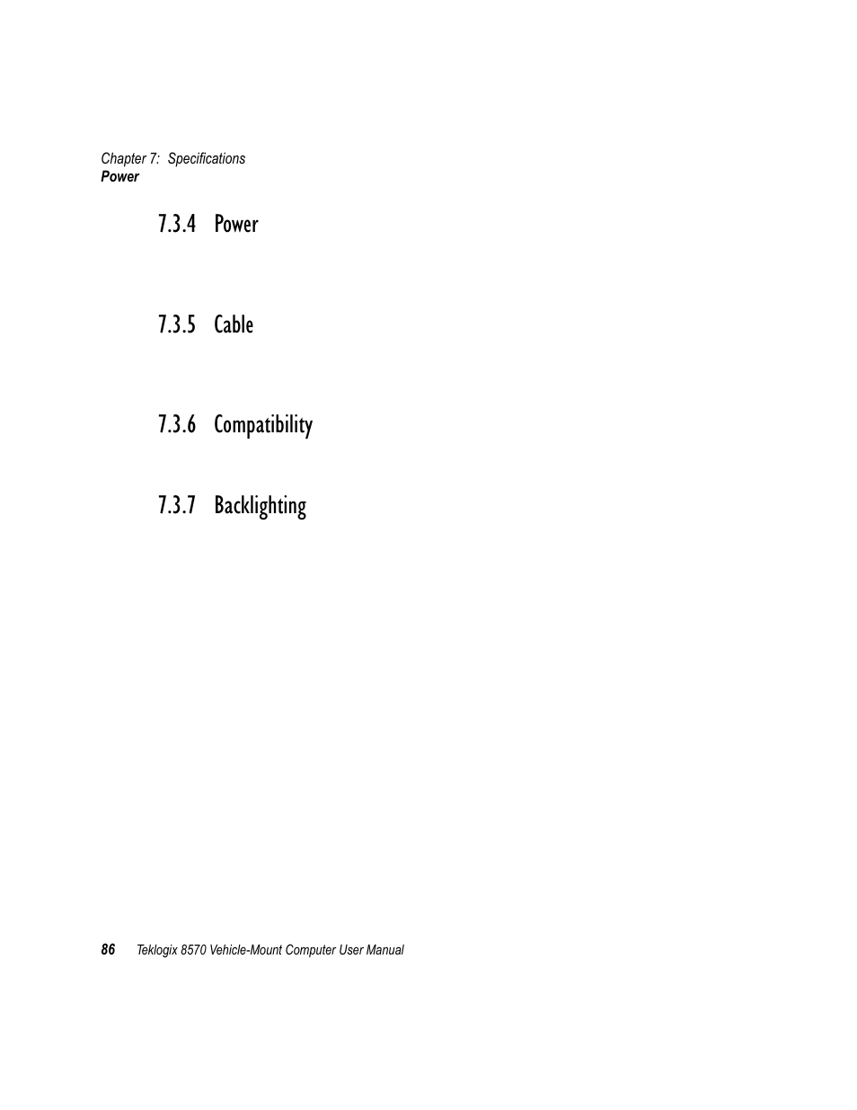 4 power, 5 cable, 6 compatibility | 7 backlighting, Power, Cable, Compatibility, Backlighting | Psion Teklogix 8570 User Manual | Page 100 / 124