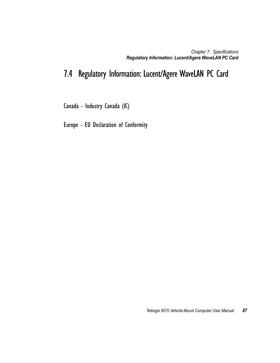 Canada - industry canada (ic), Europe - eu declaration of conformity | Psion Teklogix 8570 User Manual | Page 101 / 124