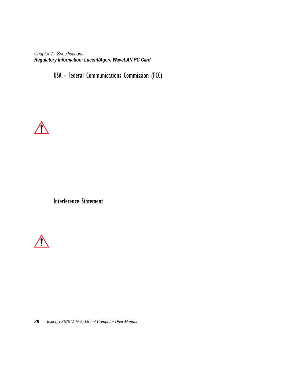Usa - federal communications commission (fcc), Interference statement | Psion Teklogix 8570 User Manual | Page 102 / 124