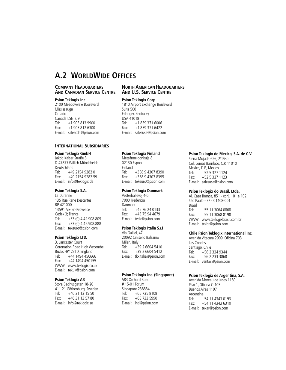 A.2 worldwide offices, A.2 w, Orld | Ffices | Psion Teklogix 8570 User Manual | Page 107 / 124