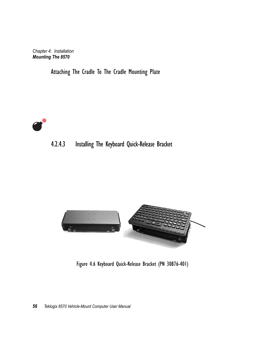 3 installing the keyboard quick-release bracket, Attaching the cradle to the cradle mounting plate | Psion Teklogix 8570 User Manual | Page 70 / 124