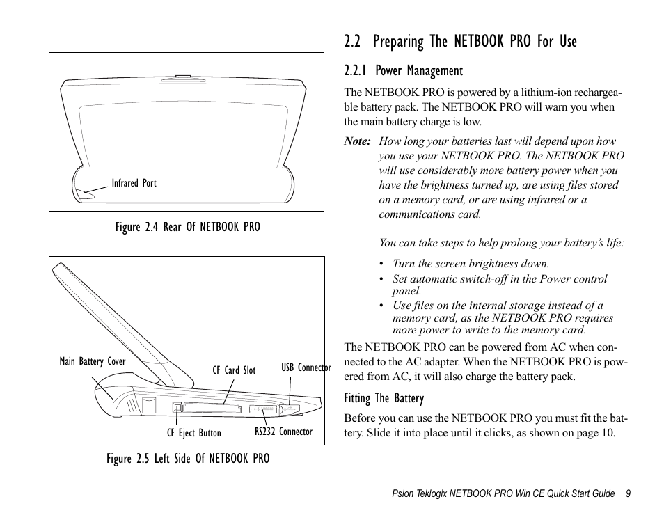 2 preparing the netbook pro for use, 1 power management | Psion Teklogix Notebook Pro User Manual | Page 11 / 72