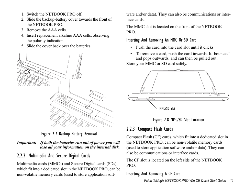 2 multimedia and secure digital cards, 3 compact flash cards | Psion Teklogix Notebook Pro User Manual | Page 13 / 72