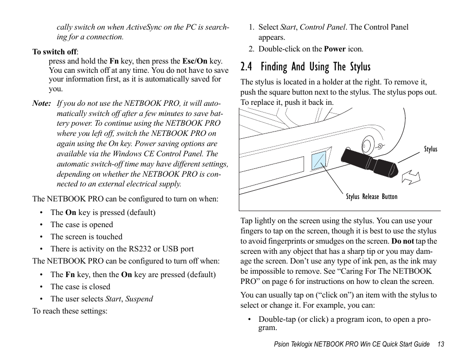 4 finding and using the stylus | Psion Teklogix Notebook Pro User Manual | Page 15 / 72