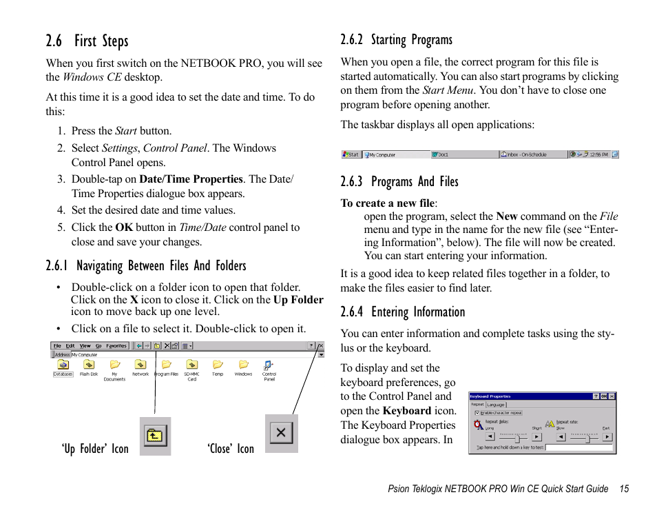 6 first steps, 1 navigating between files and folders, 2 starting programs | 3 programs and files, 4 entering information | Psion Teklogix Notebook Pro User Manual | Page 17 / 72