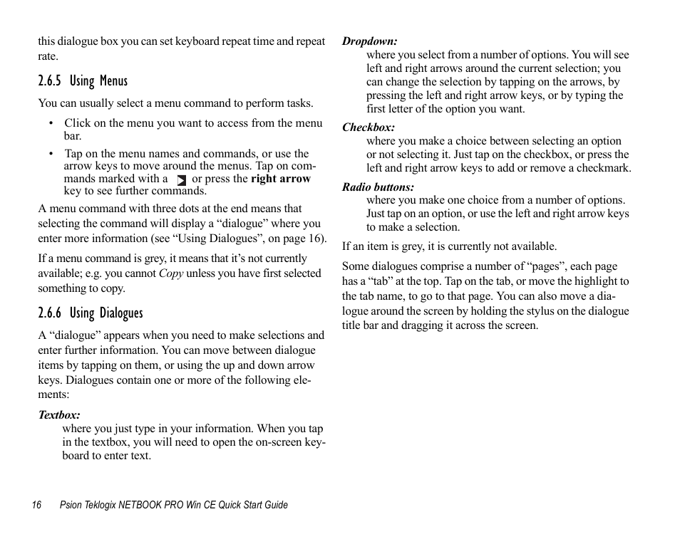 5 using menus, 6 using dialogues, 5 using menus 2.6.6 using dialogues | Psion Teklogix Notebook Pro User Manual | Page 18 / 72