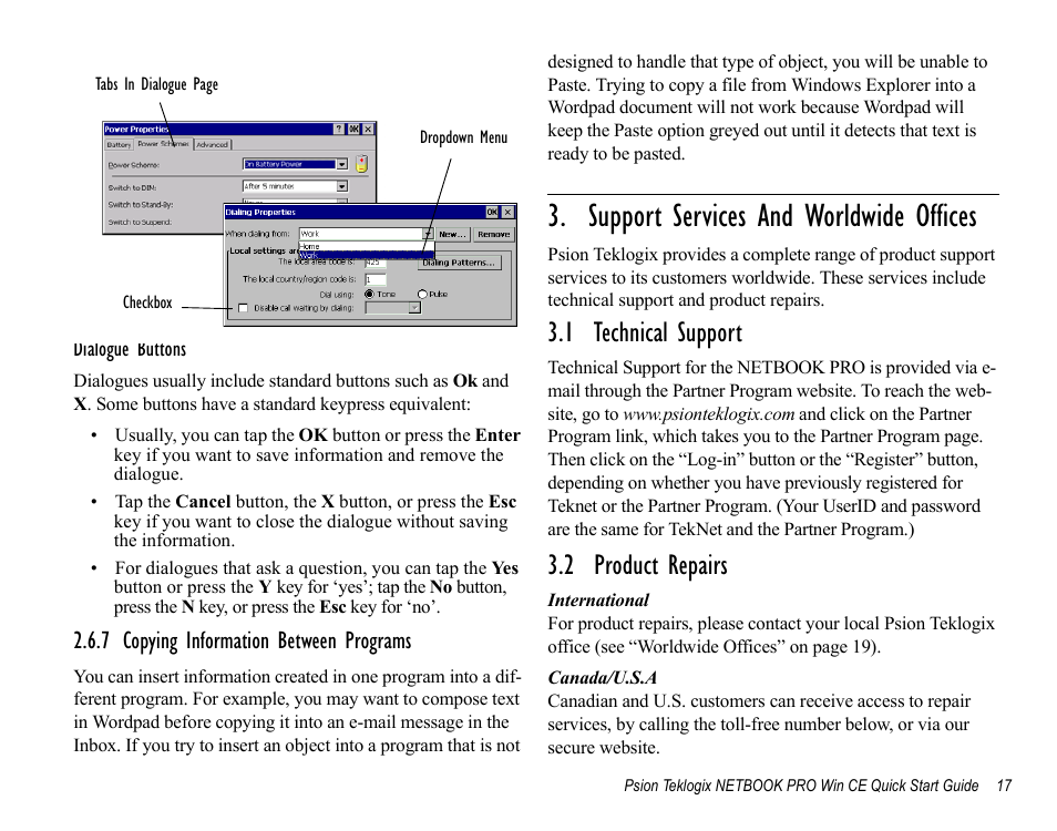 7 copying information between programs, Support services and worldwide offices, 1 technical support | 2 product repairs, 1 technical support 3.2 product repairs | Psion Teklogix Notebook Pro User Manual | Page 19 / 72