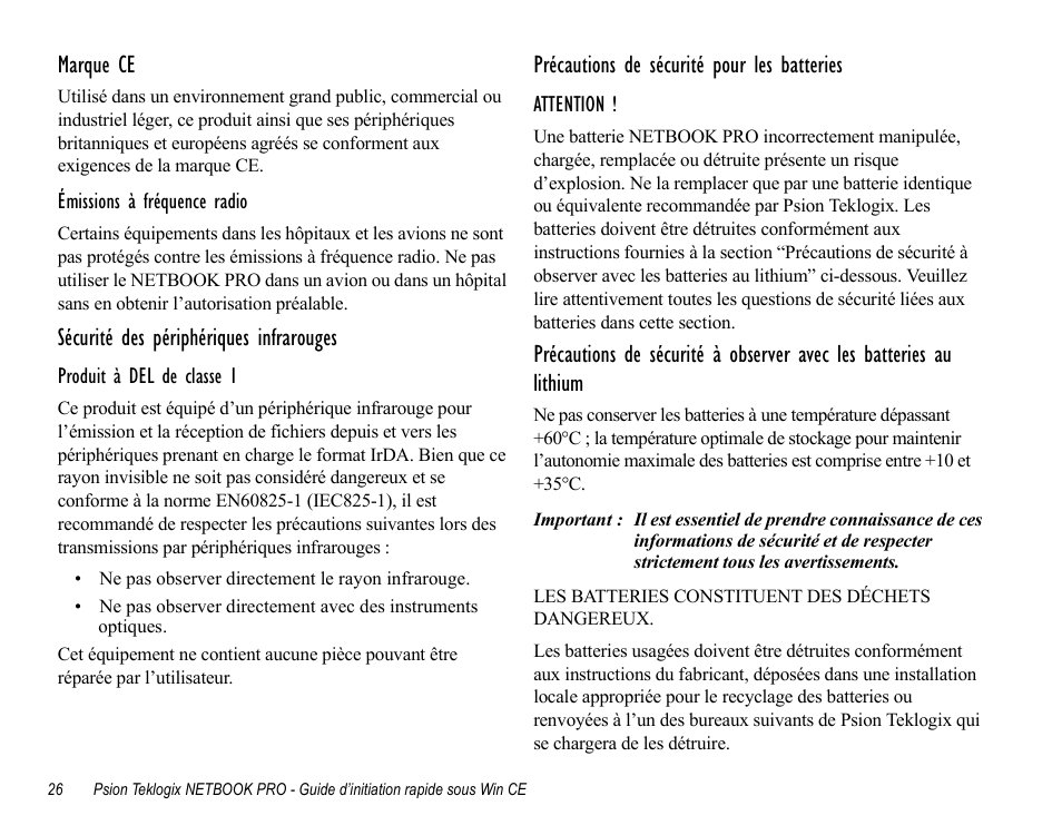 Marque ce, Sécurité des périphériques infrarouges, Précautions de sécurité pour les batteries | Psion Teklogix Notebook Pro User Manual | Page 28 / 72