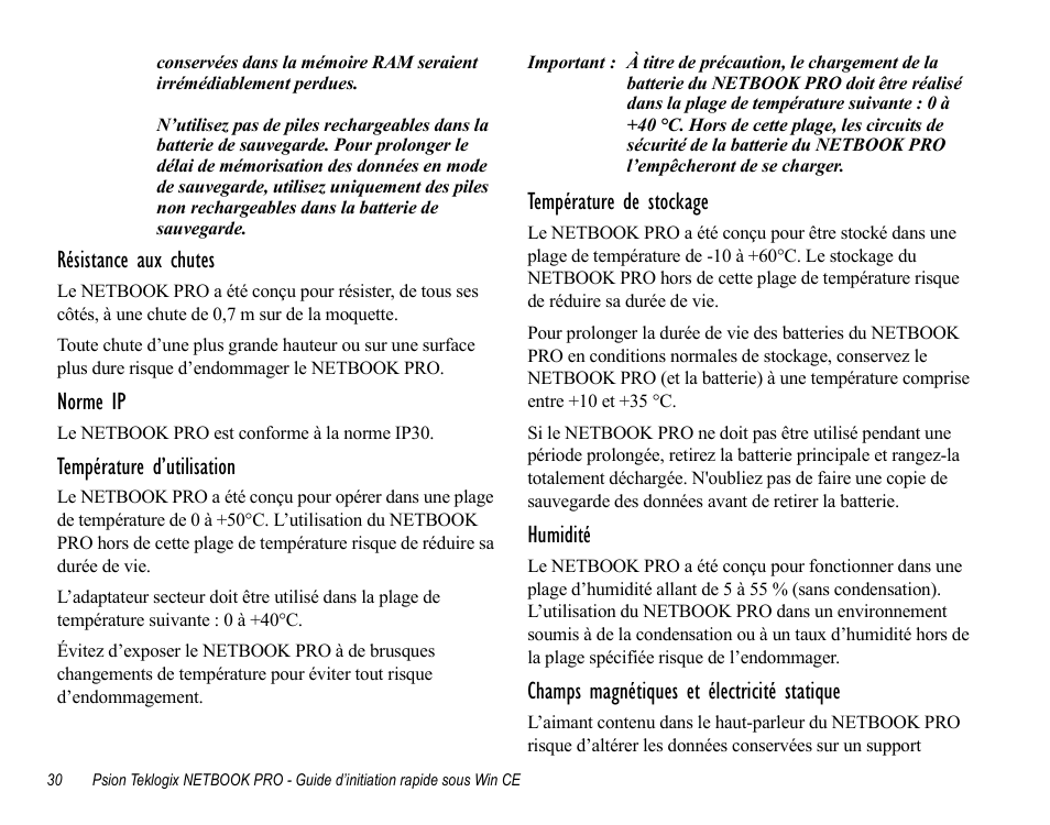 Résistance aux chutes, Norme ip, Température d’utilisation | Température de stockage, Humidité, Champs magnétiques et électricité statique | Psion Teklogix Notebook Pro User Manual | Page 32 / 72