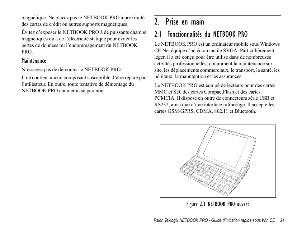 Prise en main, 1 fonctionnalités du netbook pro | Psion Teklogix Notebook Pro User Manual | Page 33 / 72