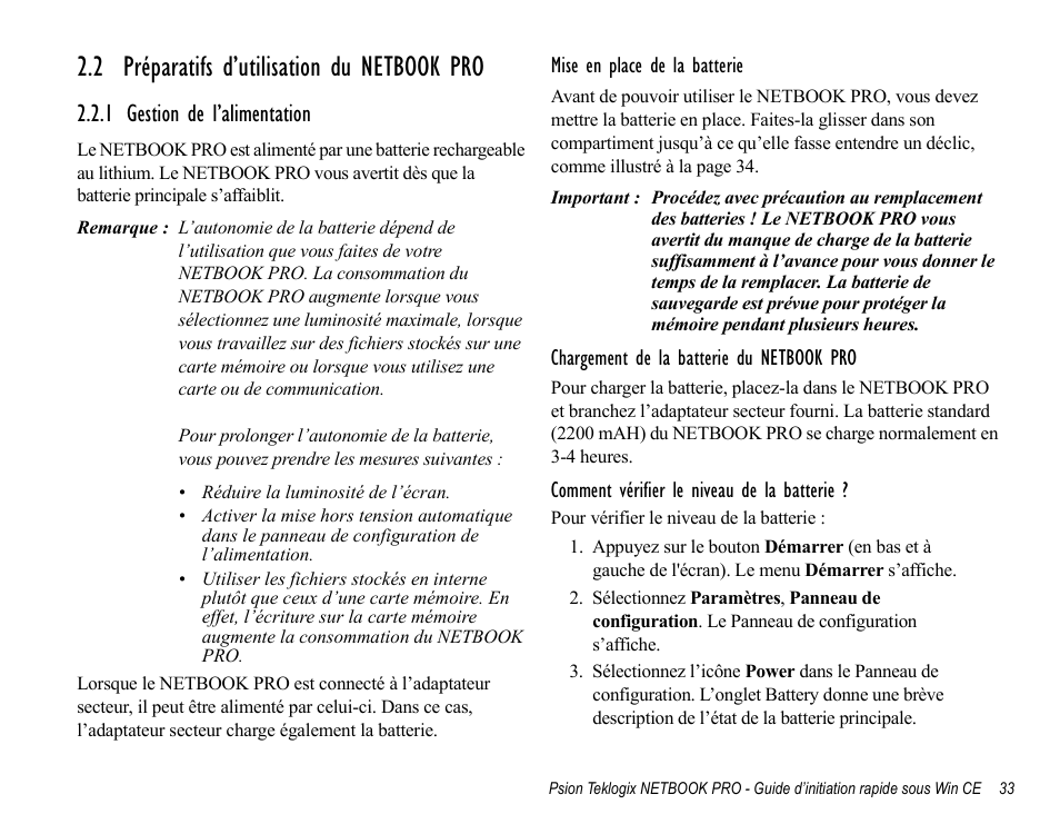 2 préparatifs d’utilisation du netbook pro, 1 gestion de l’alimentation | Psion Teklogix Notebook Pro User Manual | Page 35 / 72